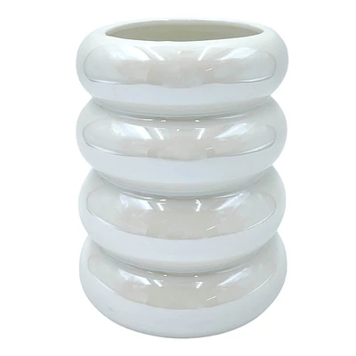 White Iridescent Ribbed Ceramic Vase, 4x5