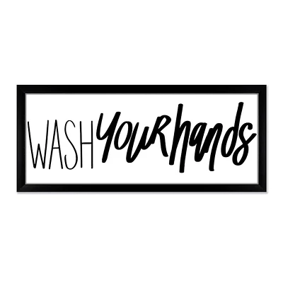 Glass Framed Wash Your Hands Bathroom Wall Art, 8x20