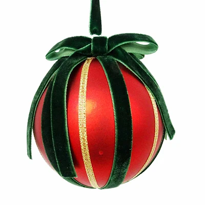 Classic Christmas Matte Red Ball Ornament with Green Velvet Bow, 90mm