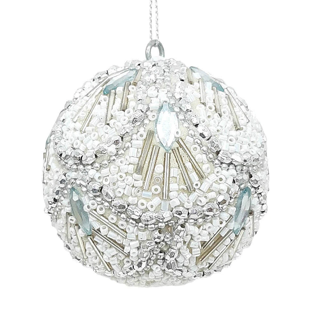 White & Gold Beaded Ball Ornament