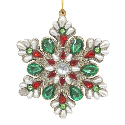 Classic Christmas Green & Red Jeweled Snowflake Ornament, 4"