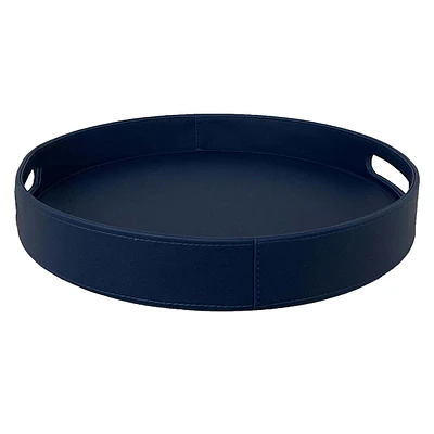 Providence Blue Round Faux Leather Tray, 14"