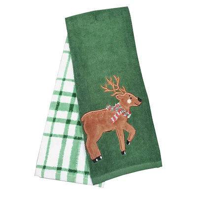 2-Pack Embroidered Reindeer Hand Towel Set