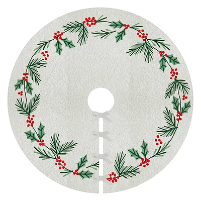 Felt Embroidered Holly Tree Skirt, 48"