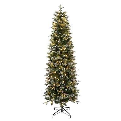 (B17) Pre-Lit Snowy Pencil Berry Glitter Christmas Tree, 7.5'