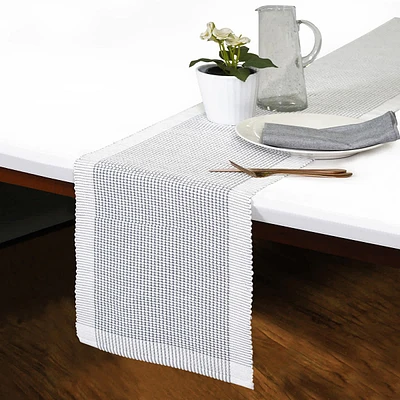 Grey & White with White Border Woven Table Runner, 72x13