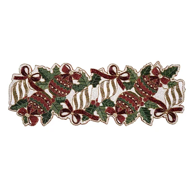 Red & Green Beaded Ornament Table Runner, 36x13