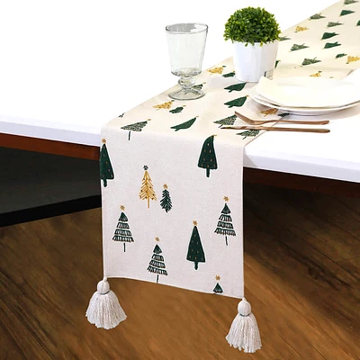 Tossed Christmas Tree Table Runner with Tassels