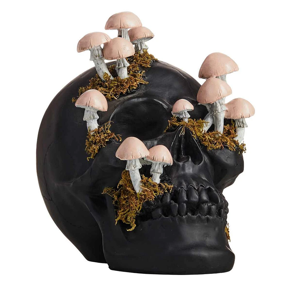 Black Halloween Skull with Mushrooms, 9.5"