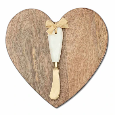 8.50In Heart Shaped Wood Serve Board With Spreader Knife