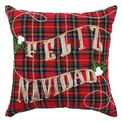 Feliz Navidad Plaid Throw Pillow, 18"