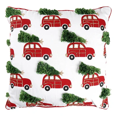 Printed Trucks with Loop Embroidered Trees Throw Pillow, 18"