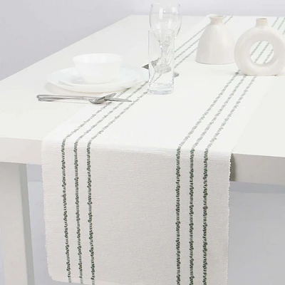 Ivory Ribbed Table Runner with Green Insert Stripes, 14x72