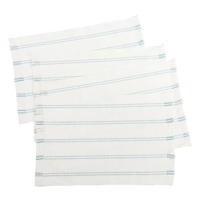 Set of 4 Woven Ribbed Placemats with Cameo Blue Stripes & Fringe