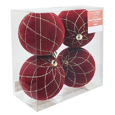 4-Count Red Flocked Ball Ornaments, 3.8"