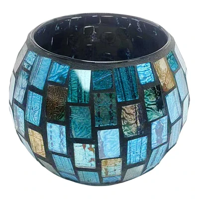 Blue & Amber Brown Mosaic Glass Votive Candle Holder, 3"