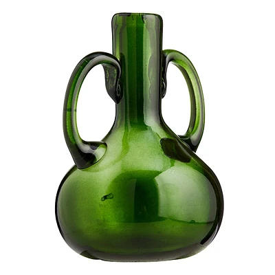 Green Glass Vase with Handles, 7"