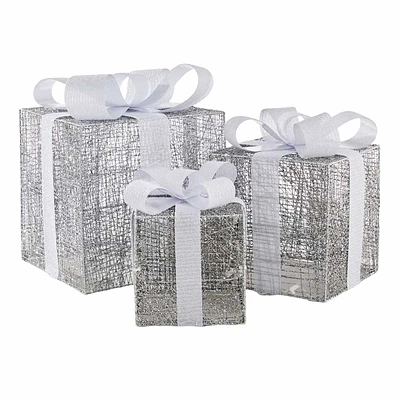 Set of 3 Pre-Lit Silver Glittering Gift Boxes