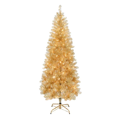 (A26) Pre-Lit Warm Gold Tinsel Christmas Tree, 6.5'