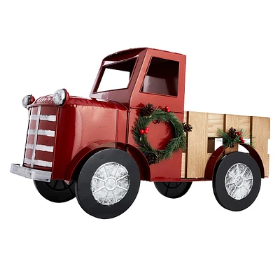 Metal & Wood Red Truck with Wreath, 26"