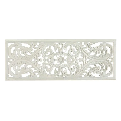 Gray Wash Hand Carved Wooden Panel Baroque Wall Decor, 18x48