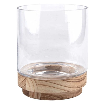 Clear Glass Hurricane Candle Holder with Wood Base, 6"