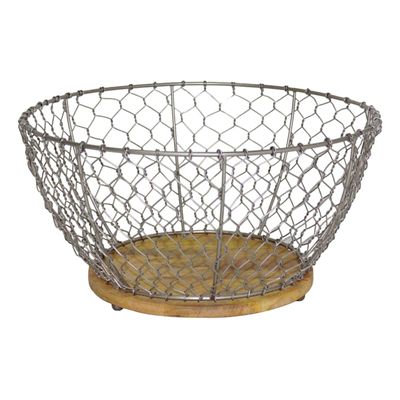 Iron Chicken Wire Weave Large Basket/Mango Wood Base