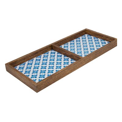 2-Compartment Blue Tile Wood Tray, 14"