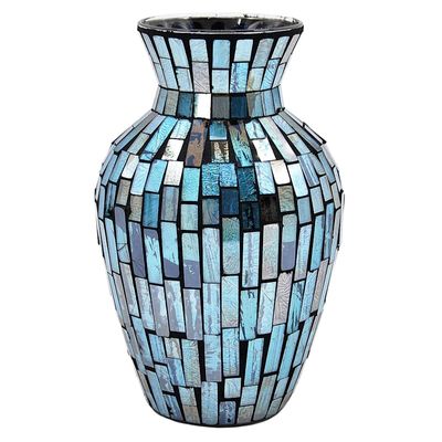 Blue Tile Mosaic Glass Vase, 10"