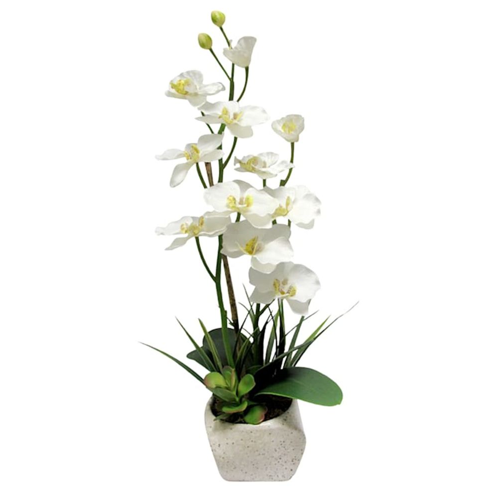 White Orchid Flower with Stone Planter, 23"