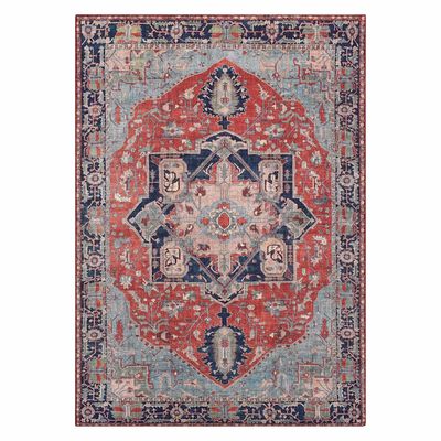 (D473) Chenille Printed Vintage Look Red Medallion Accent Rug, 3x5