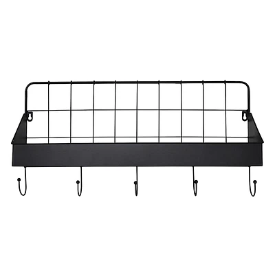 Black Metal Wall Shelf eith Hooks, 24X12