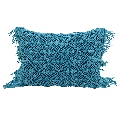 Aqua Macrame Rope Outdoor Lumbar Throw Pillow, 14x20