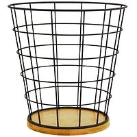 Matte Black Wire & Bamboo Wood Tapered Wastebasket, 10.3"