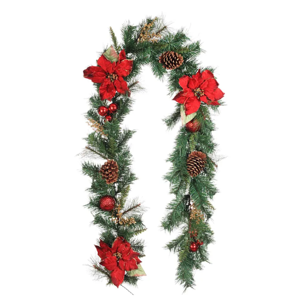 Red Glittered Poinsettia & Ornament Garland, 6'