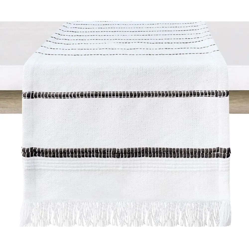 Kenya Black Striped Fringe Table Runner, 14x72