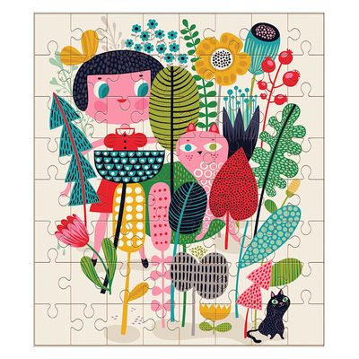64-Piece Puzzle with Girl and Cat in Flower Garden