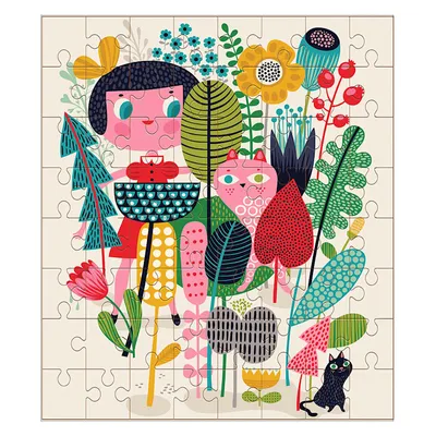 64-Piece Puzzle with Girl & Cat In Flower Garden