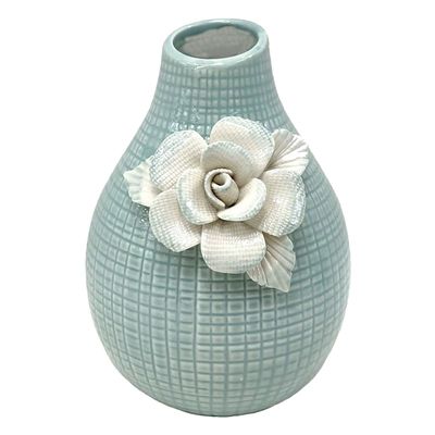 Blue Etched Floral Ceramic Vase, 4"