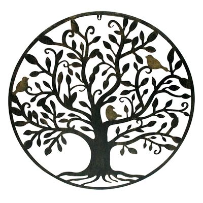 Metal Round Wall Plaque/Silhouette Cut Out Tree Of Life/Bird Scene