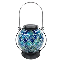 Blue Mosaic Glass Ball Outdoor Lantern with Metal Handle, 8"