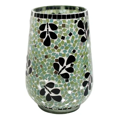 Blue Floral Mosaic Patterned Glass Hurricane, 10"