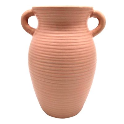 Ribbed Natural Ceramic Vase with Handles, 8"