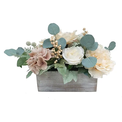 Neutral Hydrangea Flowers with Wooden Planter, 18"