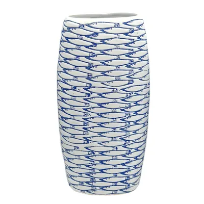 Blue Fish Patterned Ceramic Vase, 13"