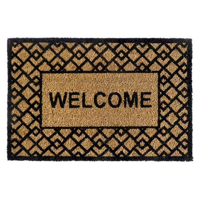 Welcome Black & Natural Coir Mat with Geometric Border, 22x34