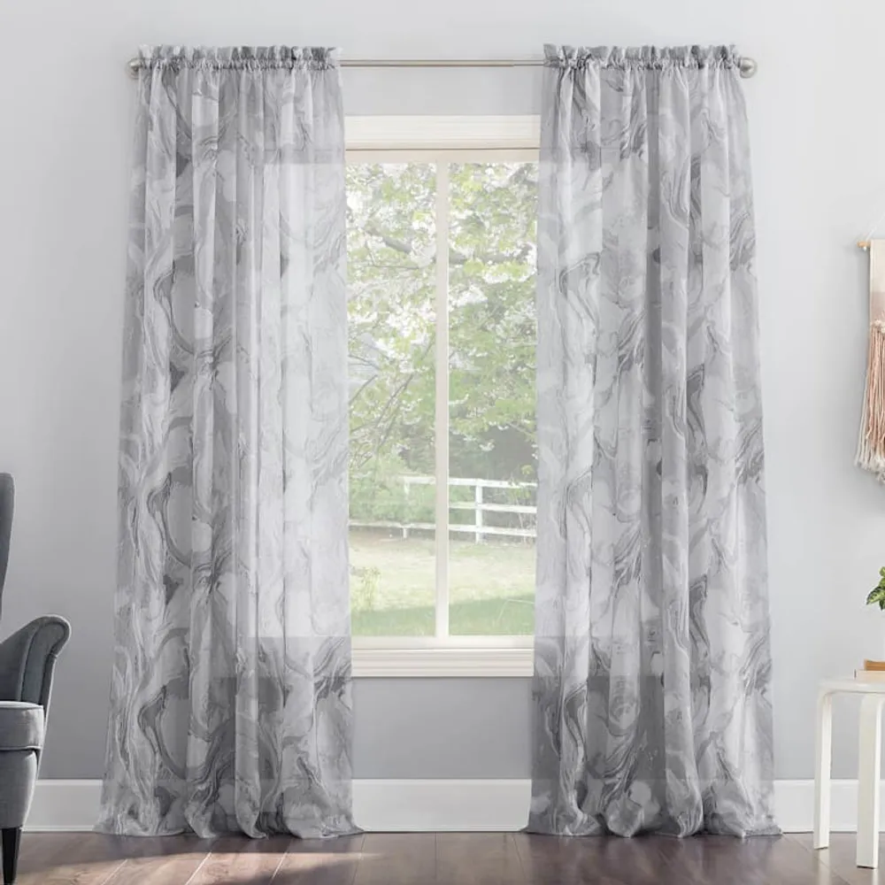 Carrara Grey Marbled Print Rod Pocket Sheer Curtain Panel, 84"