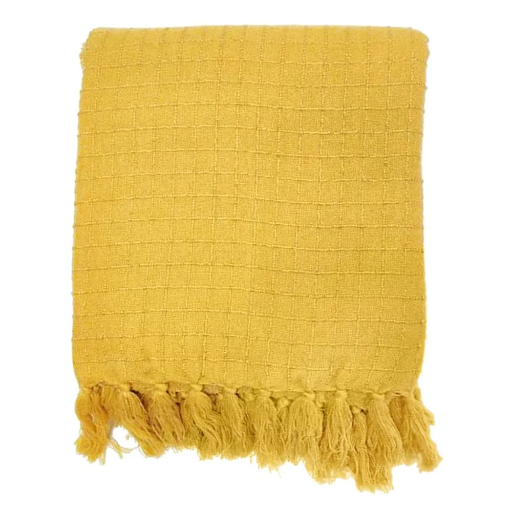 Ochre Fuzzy Plaid Woven Throw Blanket, 50x60