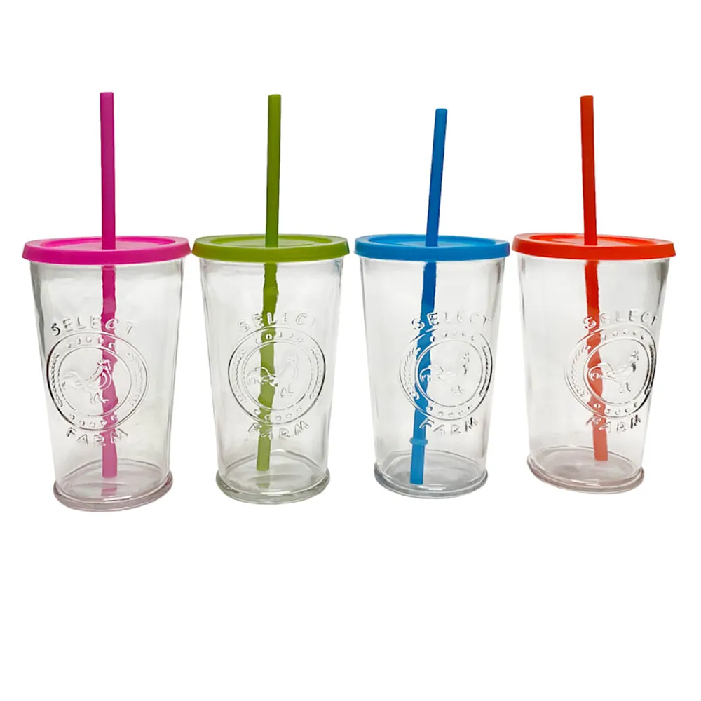 At Home Set of 4 Farm Fresh Cooler Tumblers with Color Lids & Straws, 16oz