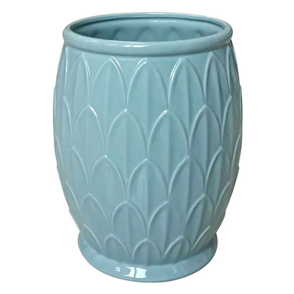 Blue Fan Ceramic Wastebasket, 10"